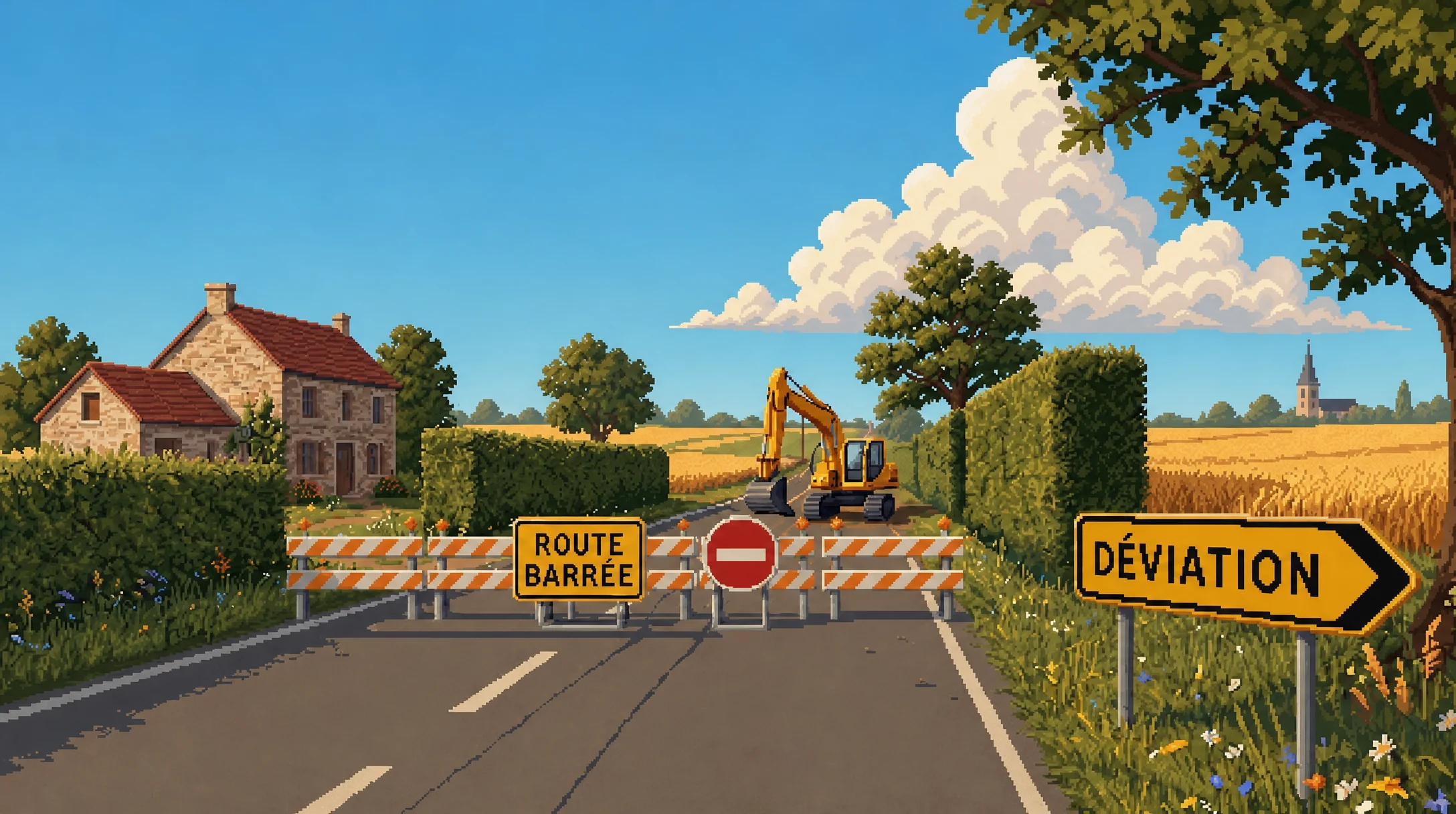 Route de campagne barrée par des barrières de chantier, panneau Déviation sur la droite